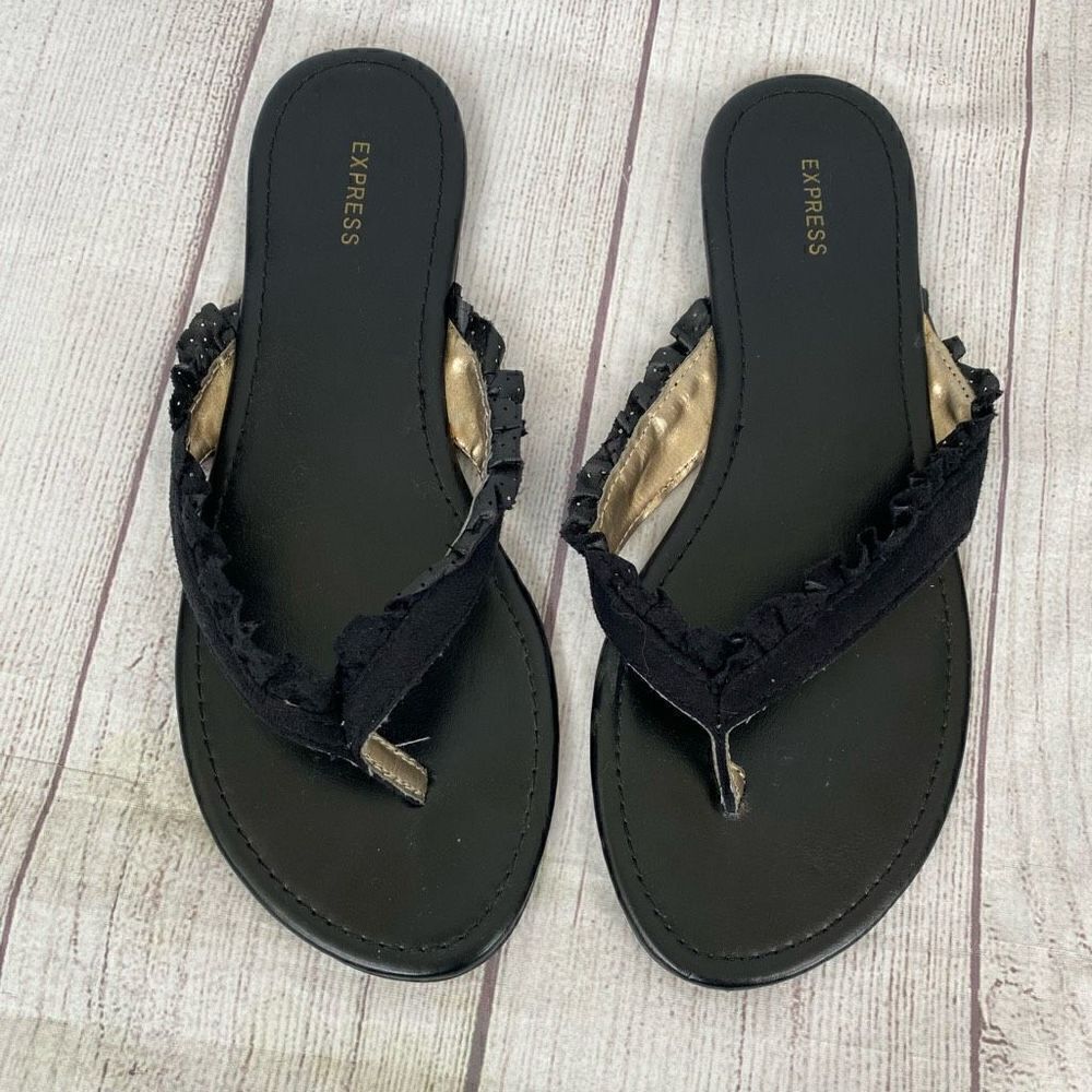 Express ruffle strap slip on flip flops black sz 8 women